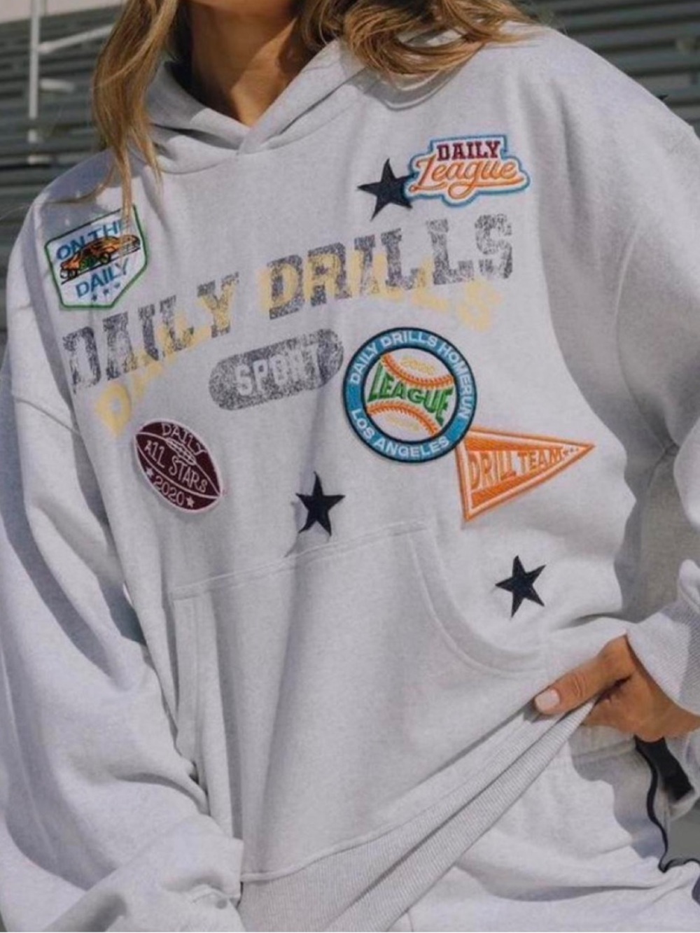 Daily Drills Oversized All Stars Hoodie - Heather Grey w/ Patches Size M/L NWOT